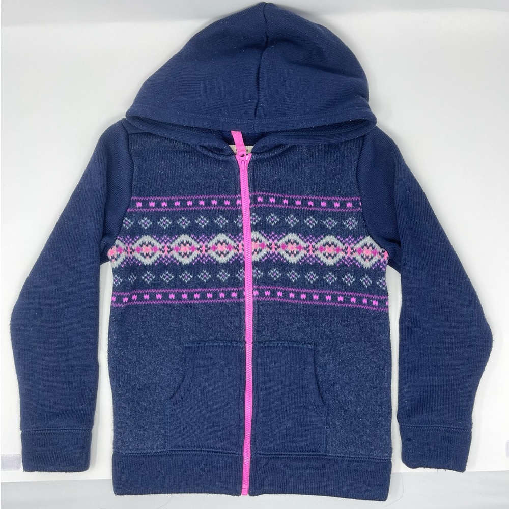 OSHKOSH B’GOSH: Blue hooded sweatshirt with pink/purple design, Size 6.